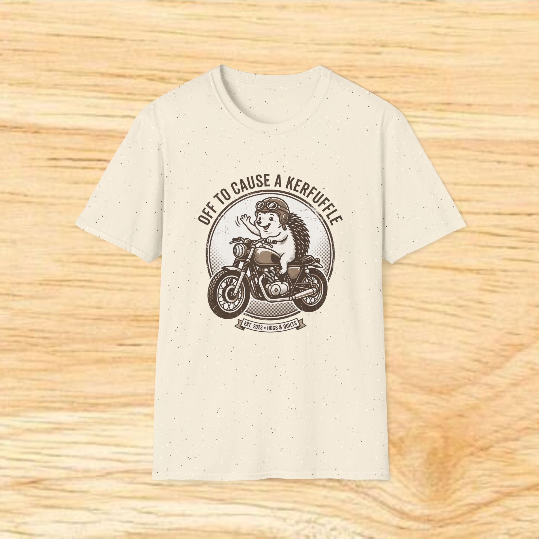 Off to Cause a Kerfuffle Hedgehog on Motorcycle T-Shirt | Vintage Biker Hedgehog Tee