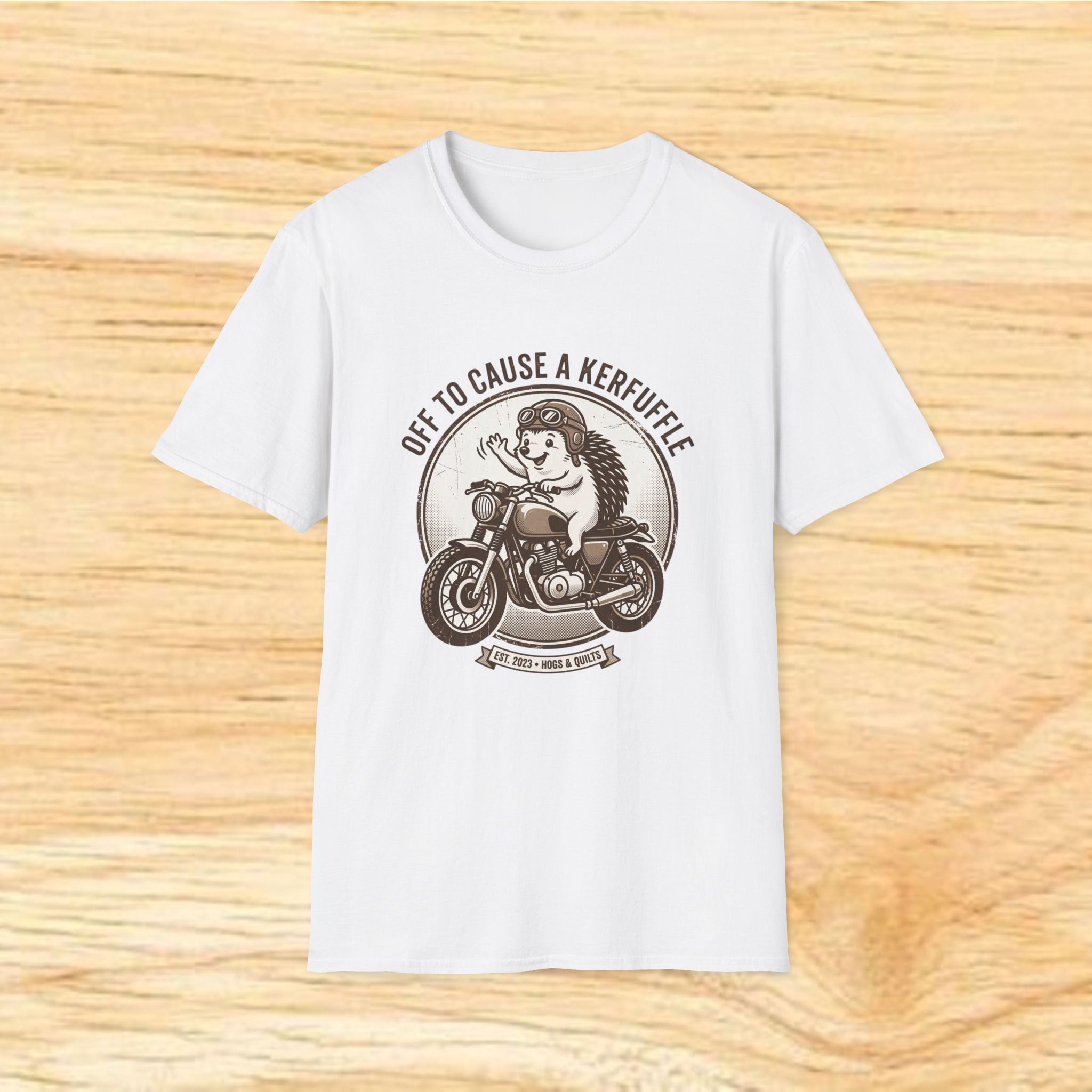 Off to Cause a Kerfuffle Hedgehog on Motorcycle T-Shirt | Vintage Biker Hedgehog Tee