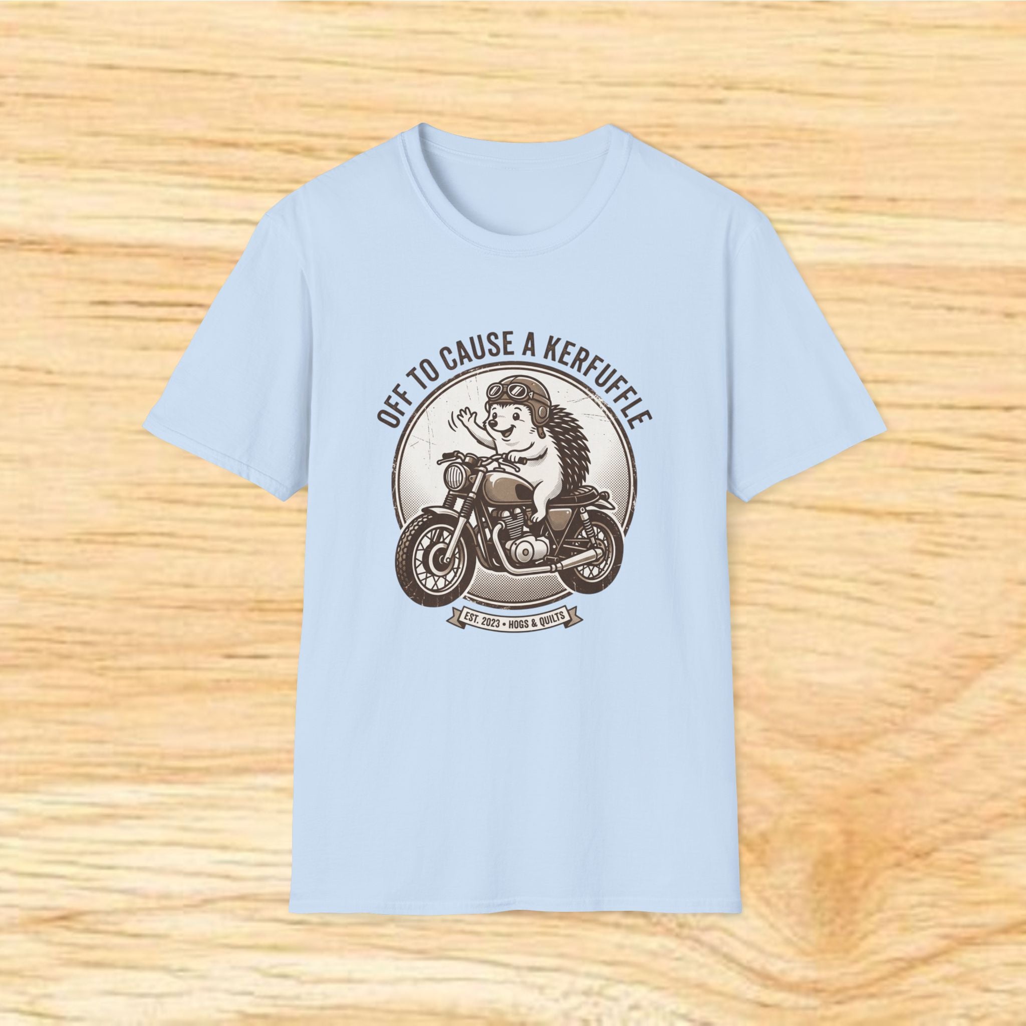 Off to Cause a Kerfuffle Hedgehog on Motorcycle T-Shirt | Vintage Biker Hedgehog Tee