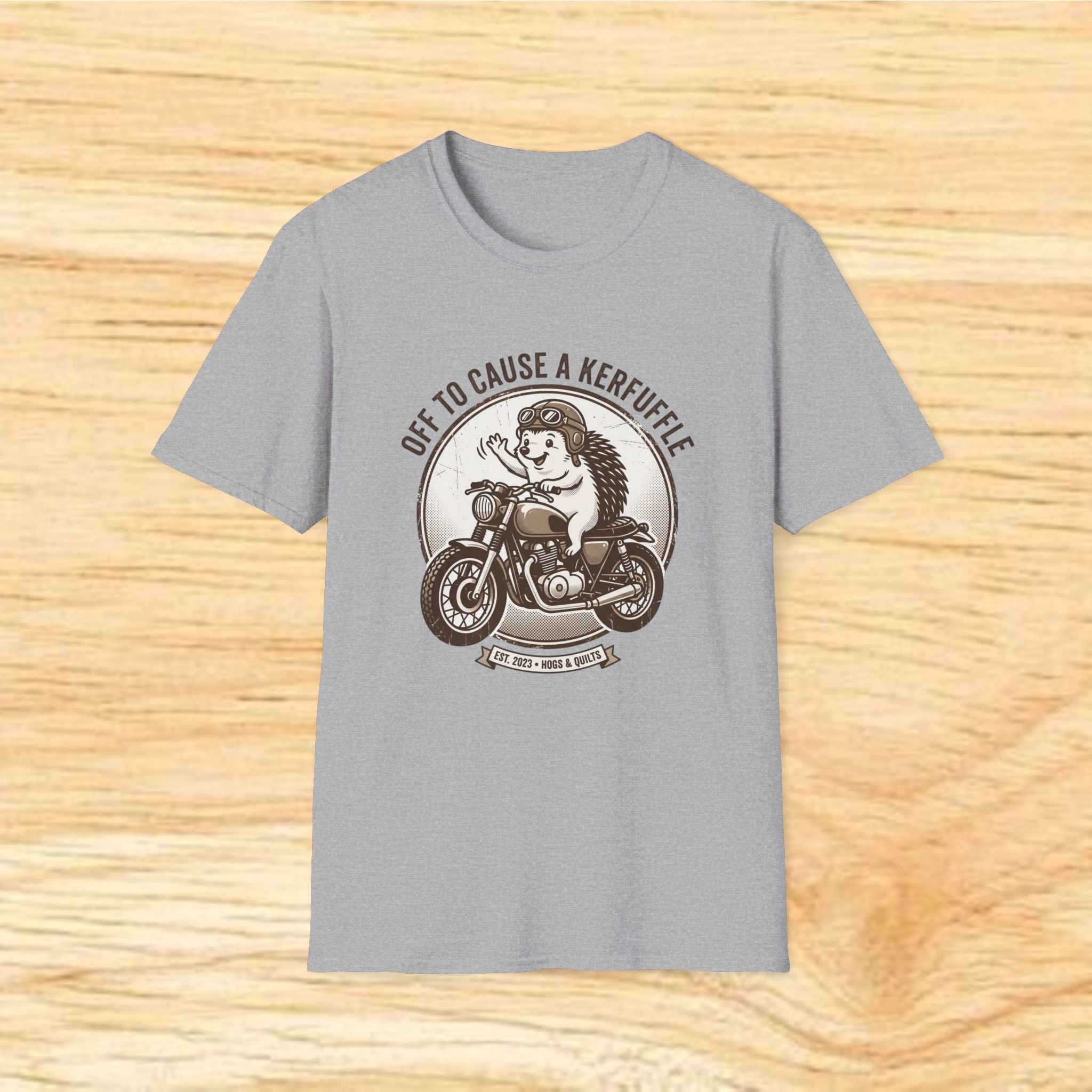 Off to Cause a Kerfuffle Hedgehog on Motorcycle T-Shirt | Vintage Biker Hedgehog Tee