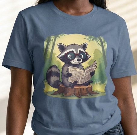 Reading Raccoon T-Shirt — Cute Woodland Animal Graphic Tee