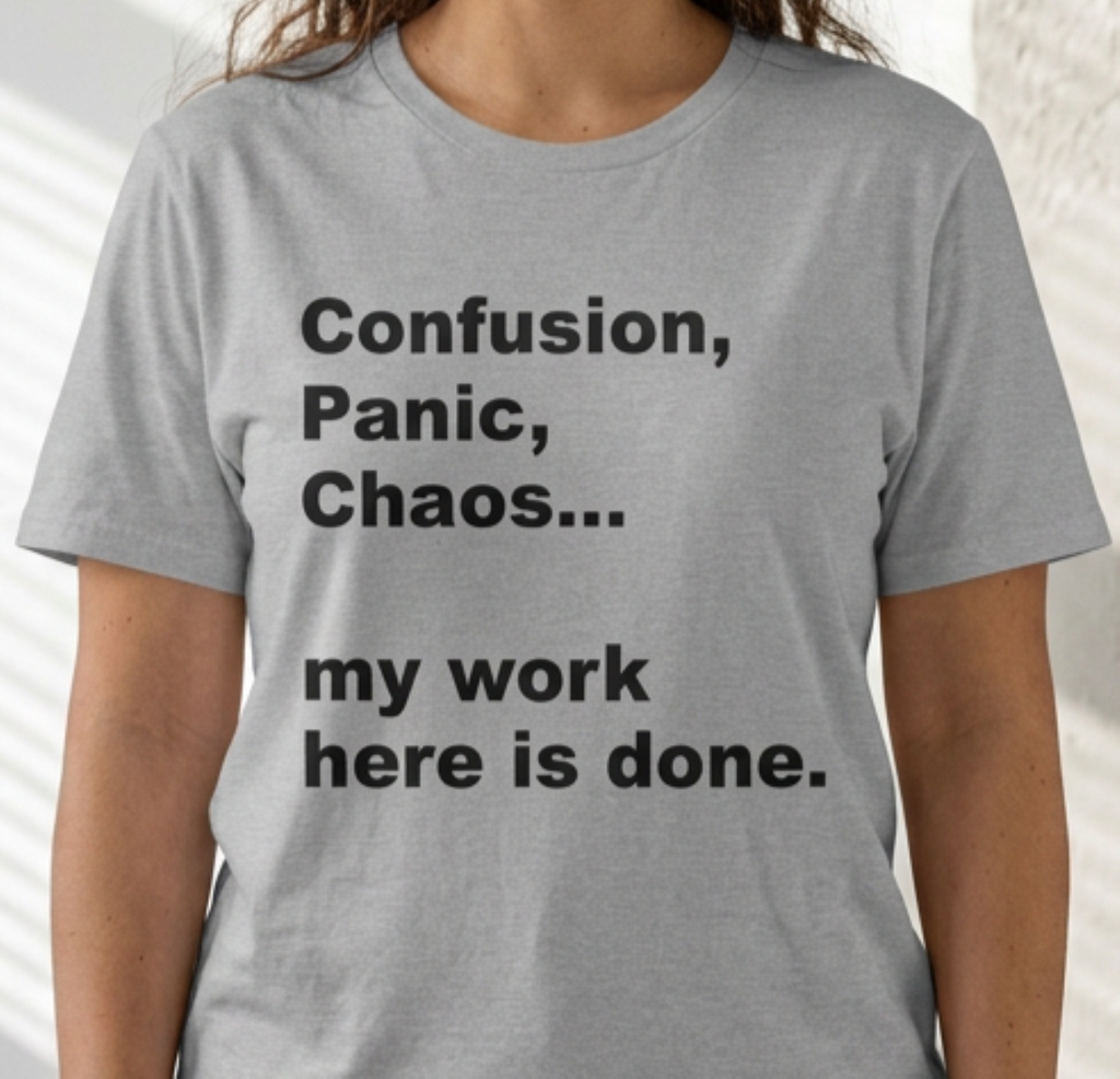 “Confusion, Panic, Chaos... my work here is done.” - Humorous Quote Tee
